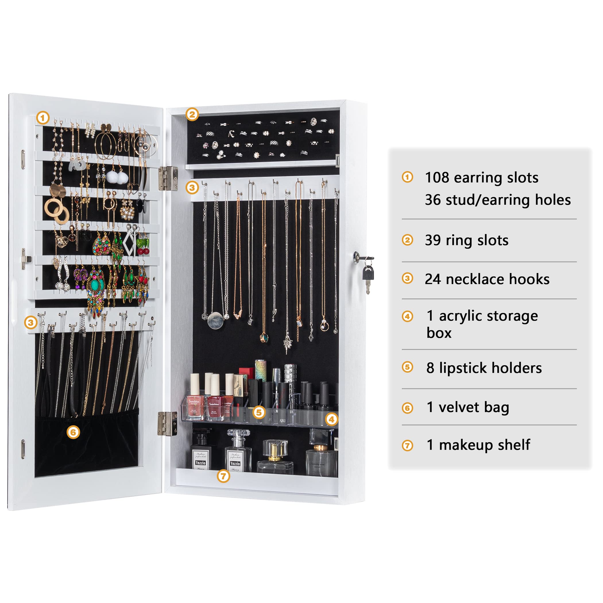LAVIEVERT Lockable Jewelry Cabinet with Frameless Mirror - Wall/Door Mounted Space Saving Jewelry Organizer with Lipstick Compartments, White | Perfect for Bedroom, Closet & Dressing Room Organization