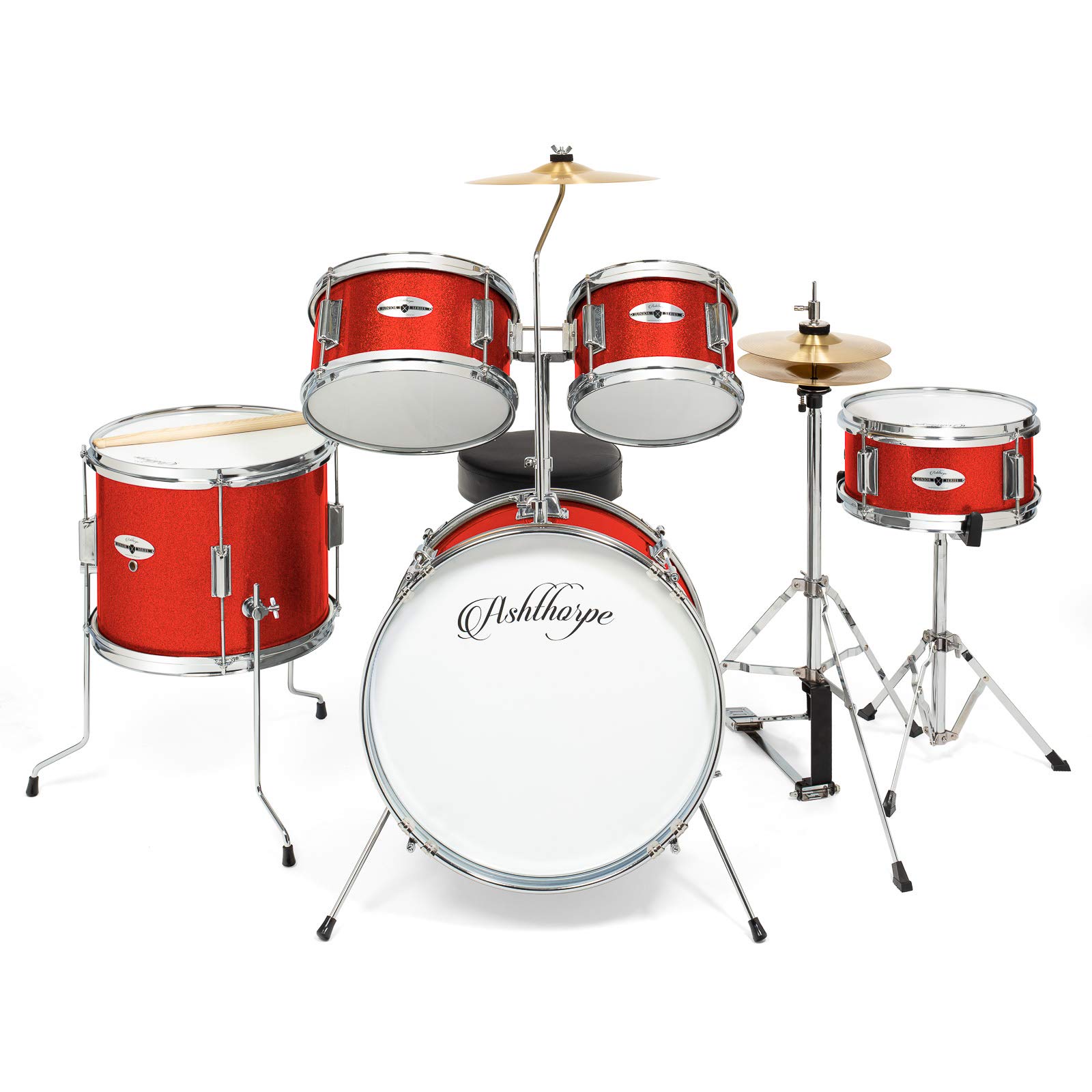 Ashthorpe 5-Piece Complete Junior Drum Set with Genuine Brass Cymbals - Best Beginner Drum Kit for Kids & Teens - 16