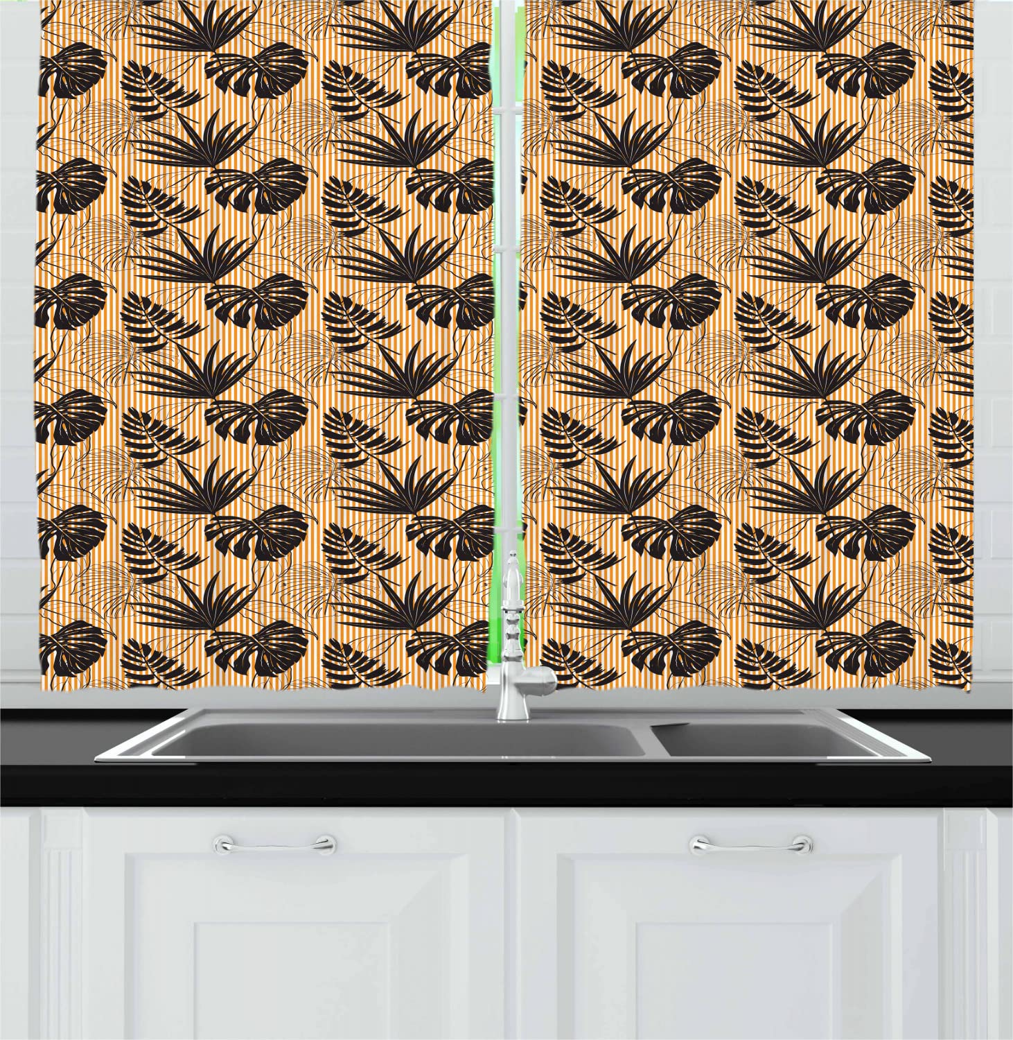 Ambesonne Long Kitchen Curtains - Boho Monochrome Monstera Leaf Design on Striped Background, 55x45 Inch Black Ginger & White Window Drapes with Rod Pocket, 2 Panels Set | Perfect for Farmhouse, Bohemian & Modern Kitchen Decor