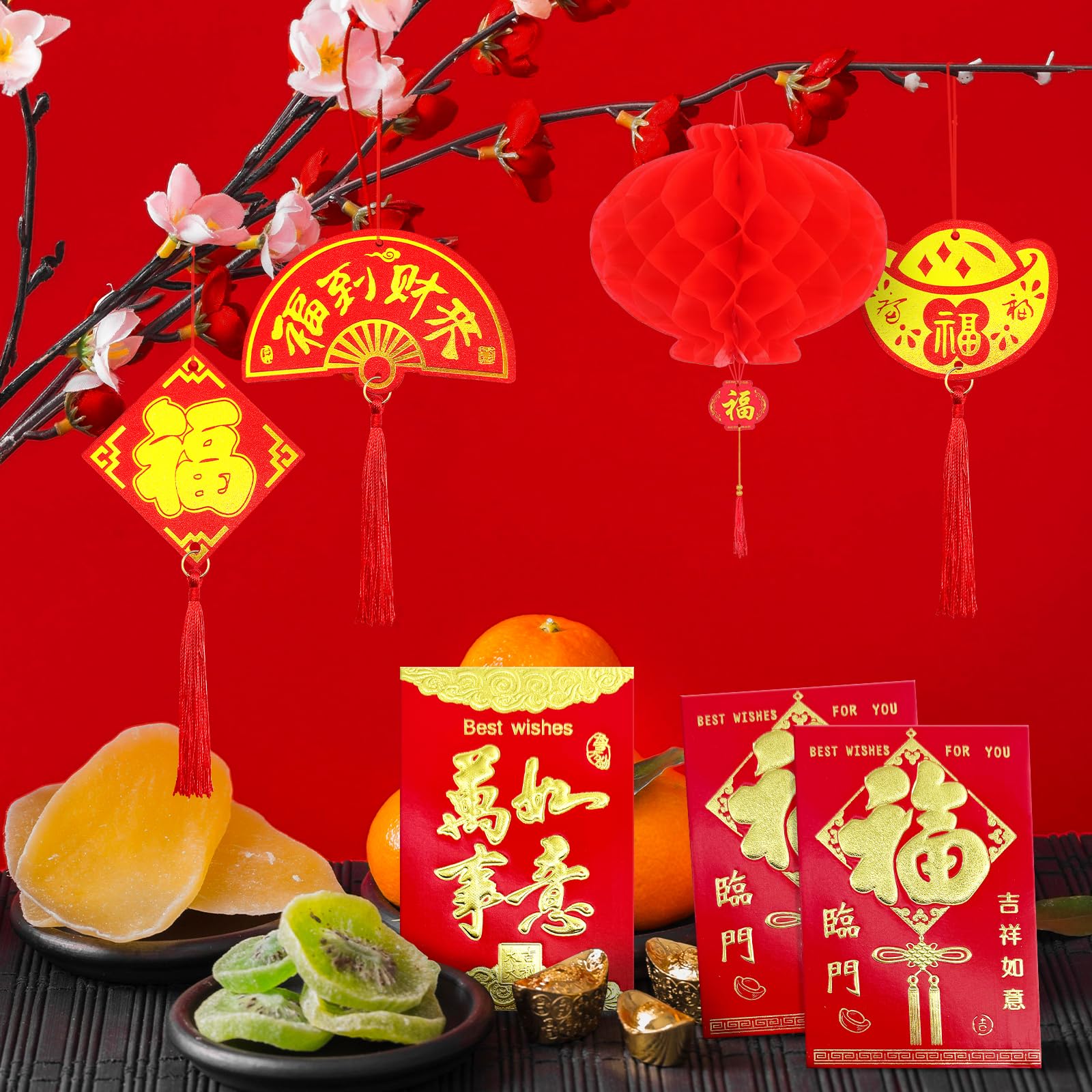 74 Pcs Chinese New Year Decorations Kit 2025 - Red Paper Lanterns, Fu Window Stickers, Spring Festival Couplets, Lucky Red Envelopes & Hanging Ornaments - Perfect for Lunar New Year Party, Home & Office Decoration