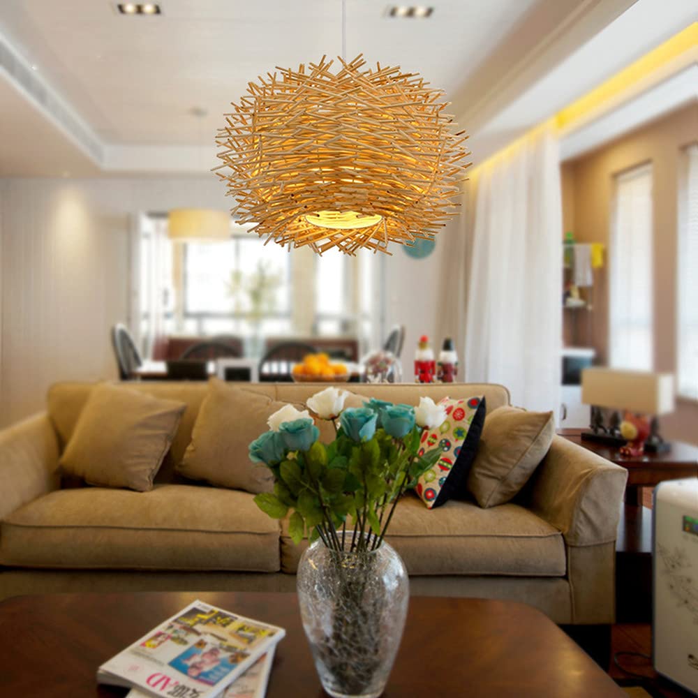 Modern Rattan Pendant Light Fixture - Adjustable Plug-in Hanging Lamp for Dining Room, Kitchen, Bedroom & Restaurant | Natural Woven Ceiling Lighting with Nest Design | Indoor Decorative Lighting for Home & Commercial Spaces