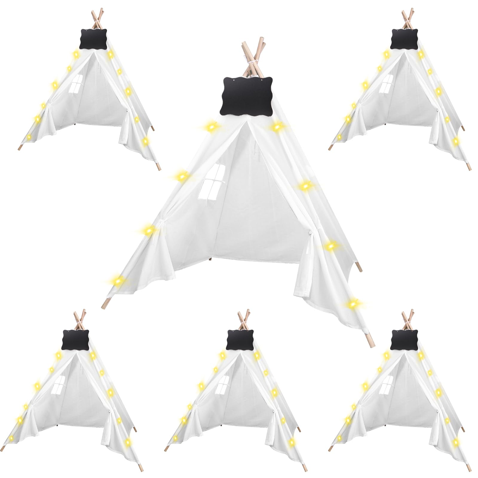 6-Piece Teepee Tent Set with Chalkboard & 10FT Fairy Lights - Foldable Indoor/Outdoor Play Tent for Kids, Girls & Boys - Perfect for Birthday Parties, Boho Sleepovers, Camping & Nursery Decor (White)