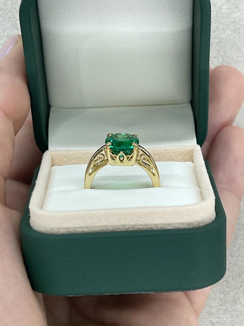 3.93ct Natural Dark Green Oval Emerald Ring in 14K Gold with Intricate Scroll Detailing - Perfect for Engagement, Anniversary & Special Occasion Gifts