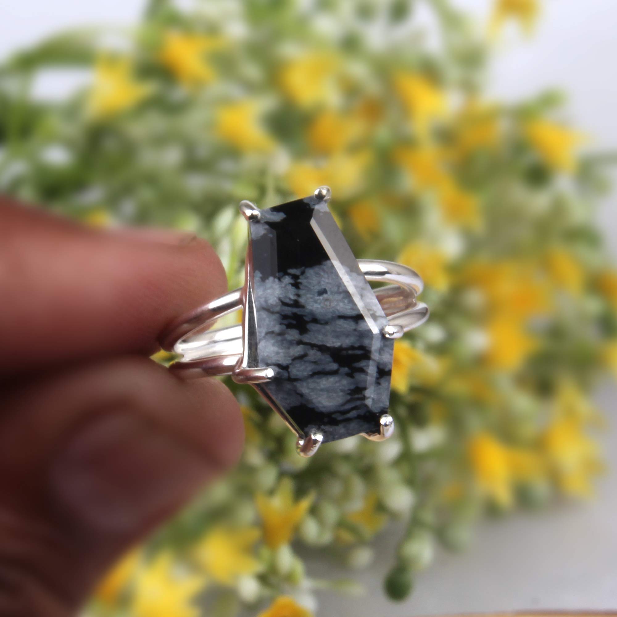 PANOPLY Natural Snowflake Obsidian Gemstone Ring - Sterling Silver Coffin Ring with Prong Setting | Handmade Boho Jewelry for Women | Perfect Gift for Mom, Birthday, Anniversary | Ideal for Everyday Wear, Special Occasions & Spiritual Healing