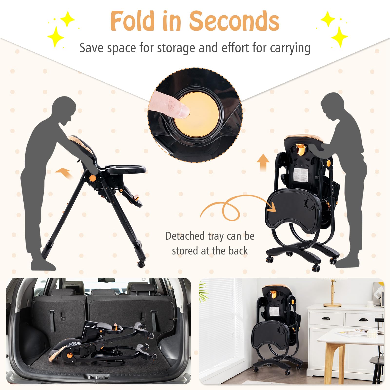Baby Joy Foldable High Chair with Adjustable Height, Backrest & Footrest - Double Removable Tray & Wheels - Portable Dining Chair for Babies & Toddlers 6-36 Months (Black) - Perfect for Home, Restaurant & Travel Use