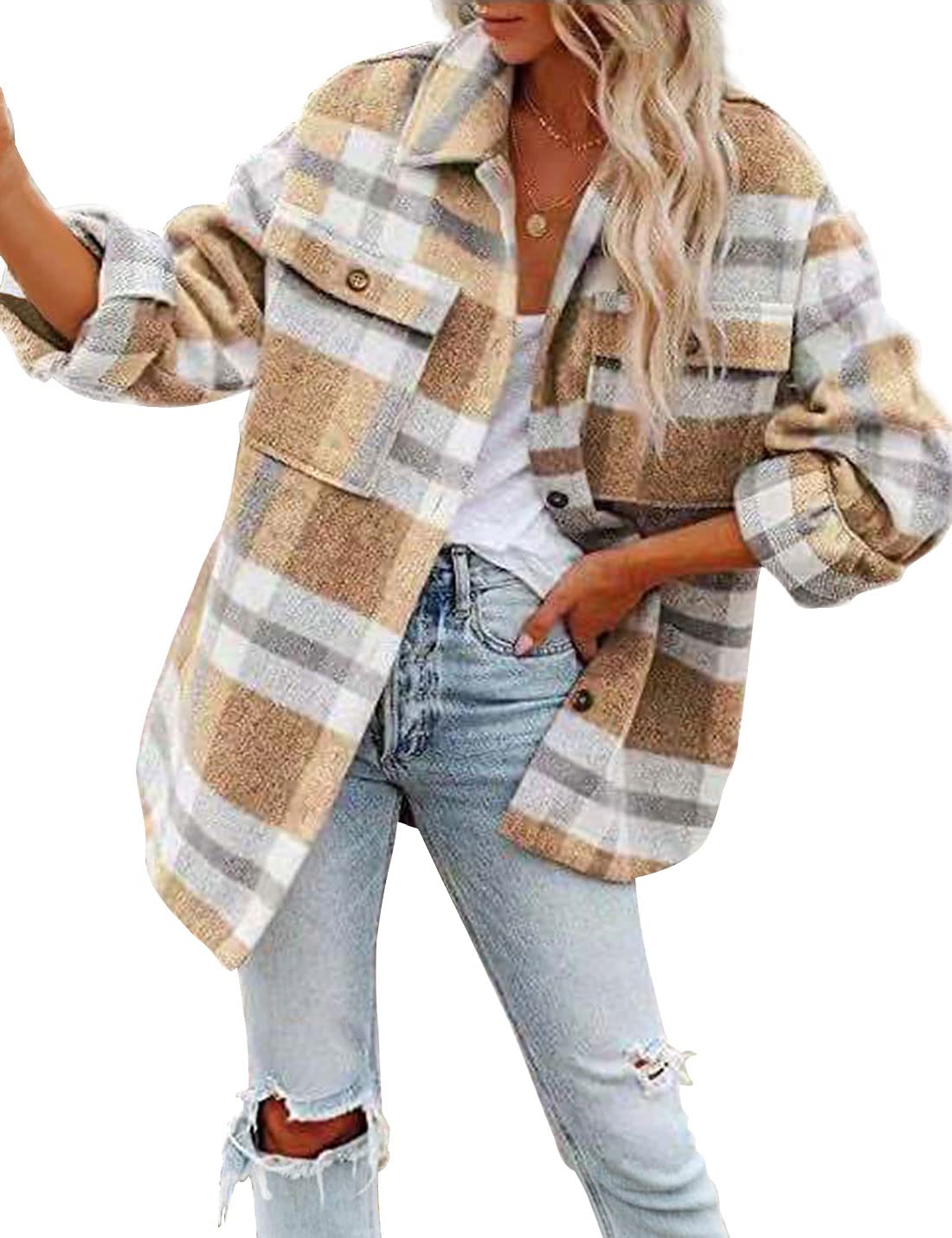 Happlan Women's Long Sleeve Plaid Shacket Jacket - Casual Lapel Tweed Pea Coat for Fall & Winter | Perfect for Office, Dating, and Outdoor Activities