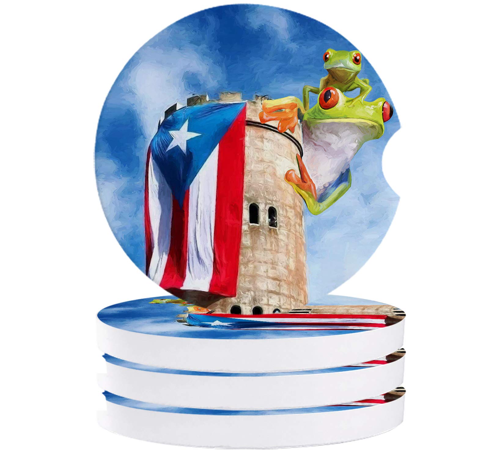 4 Pack Puerto Rico Flag & Red-Eyed Tree Frog Ceramic Car Coasters - Absorbent Cup Holders with Easy-Removal Finger Notch - Blue Sky Car Accessories for Road Trips & Daily Commutes