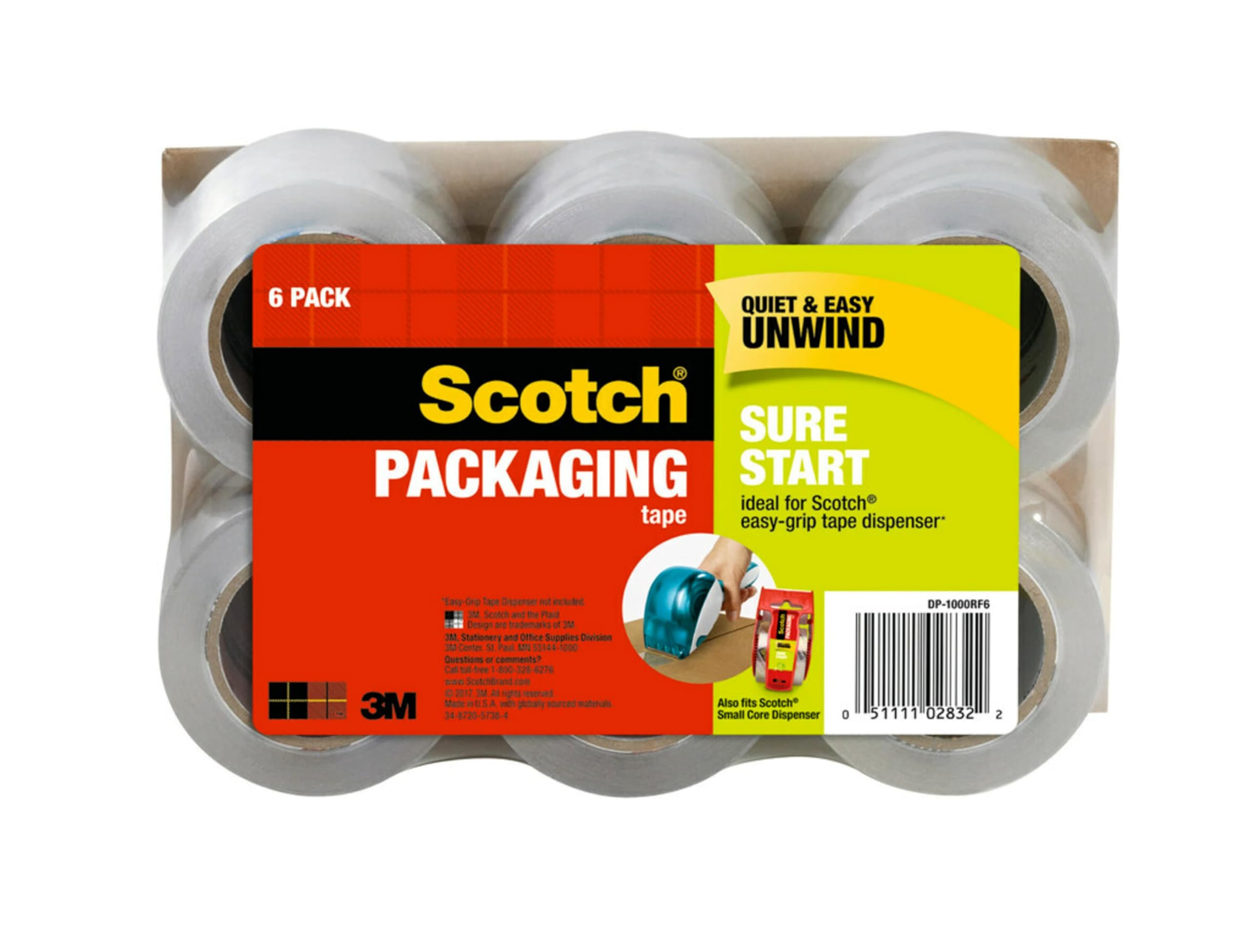 Scotch Sure Start Packing Tape - 1.88 Inch x 25 Yard, 6 Rolls, Clear Shipping Tape with Quiet Unwind & Easy Start for Moving, Packing Boxes, Sealing Packages - Home, Office & Warehouse Use
