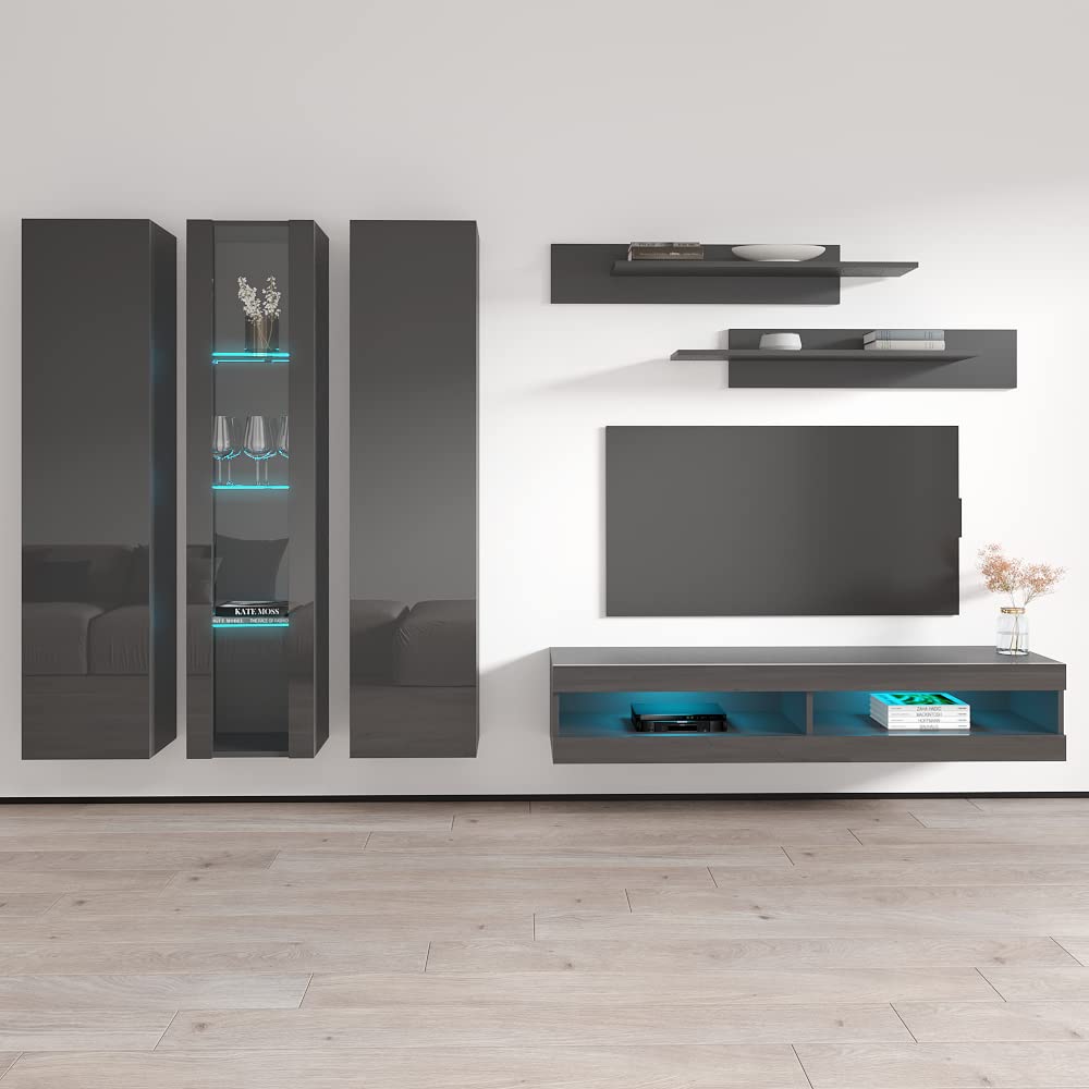 Modern Gray TV Stand with Storage & LED Lights - Wall-Mounted Entertainment Center Console for Bedroom & Living Room - Slim TV Cabinet with Shelves & Adjustable Lighting - Perfect for Small Spaces & Home Theater Setup (Model C4)