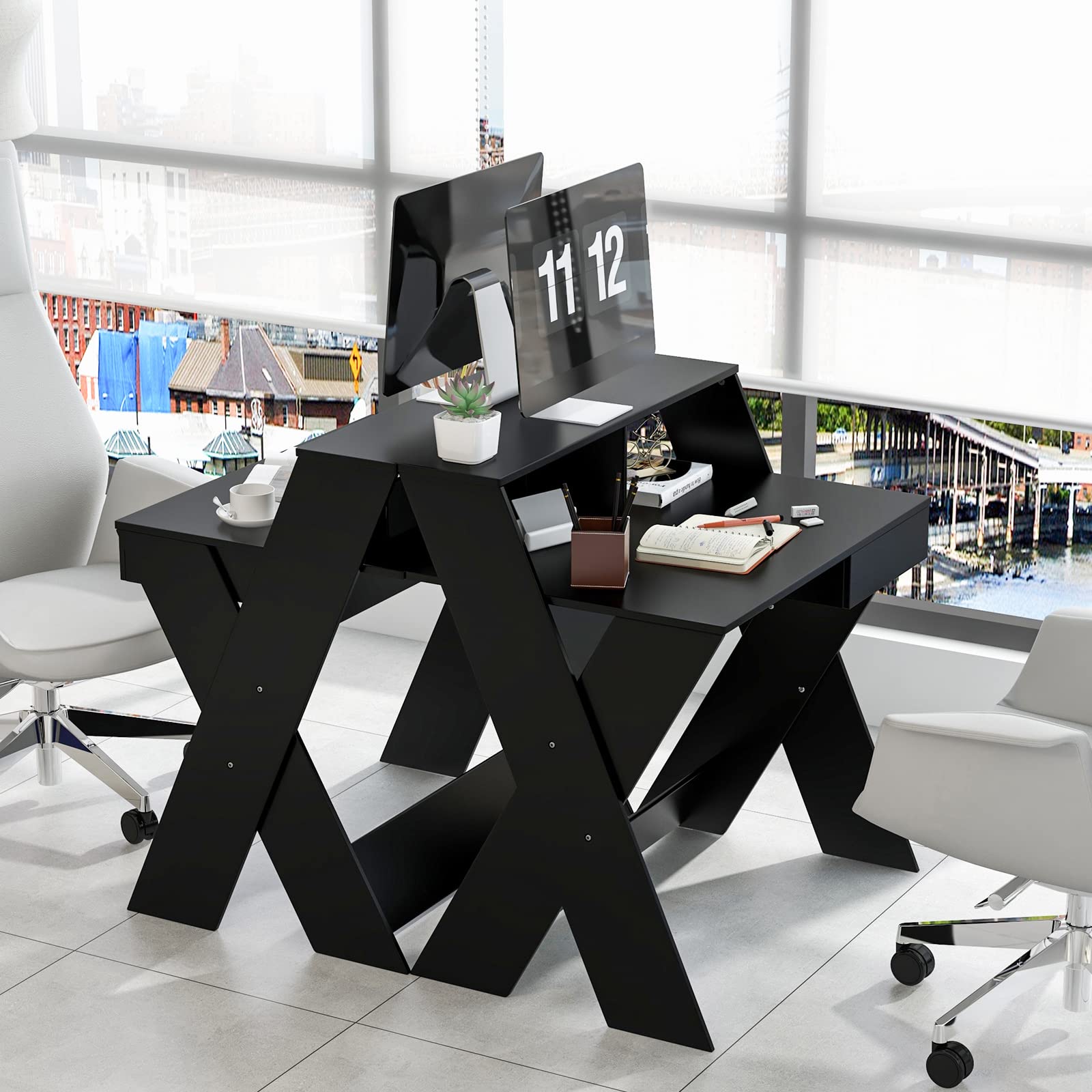 Tangkula 2-Tier Compact Computer Desk with Storage Drawer & Monitor Stand - Small Writing Desk with X-Shaped Legs & Footrest - Space Saving Study Table for Home Office, Dorm Room & Small Spaces (Black) - Perfect for Remote Work, Online Learning & Gaming Setup