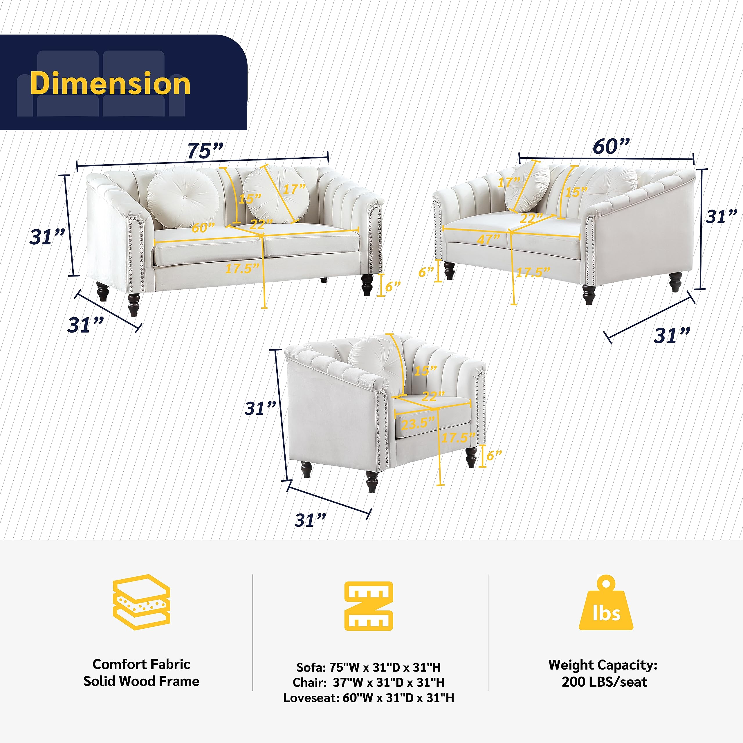 Beverly Fine Furniture 3-Piece Living Room Set - Sofa, Loveseat & Chair - Modern Living Room Furniture for Home Decor | Perfect for Family Gatherings & Entertainment Spaces