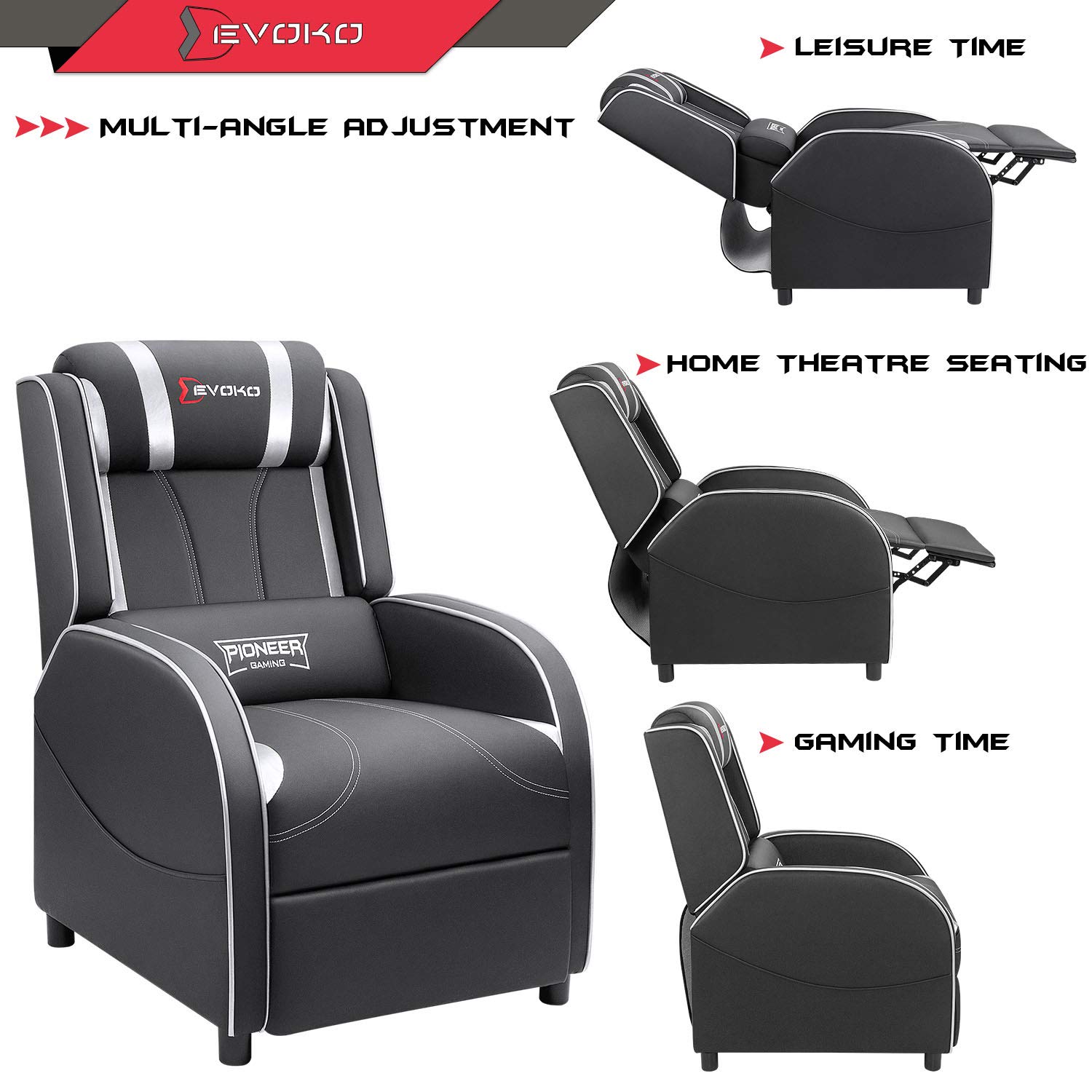 Devoko Massage Gaming Recliner Chair - PU Leather Home Theater Seating with Lumbar Support, Single Modern Living Room Recliner Sofa for Men & Women (Silver) - Perfect for Gaming, Movie Nights & Relaxation
