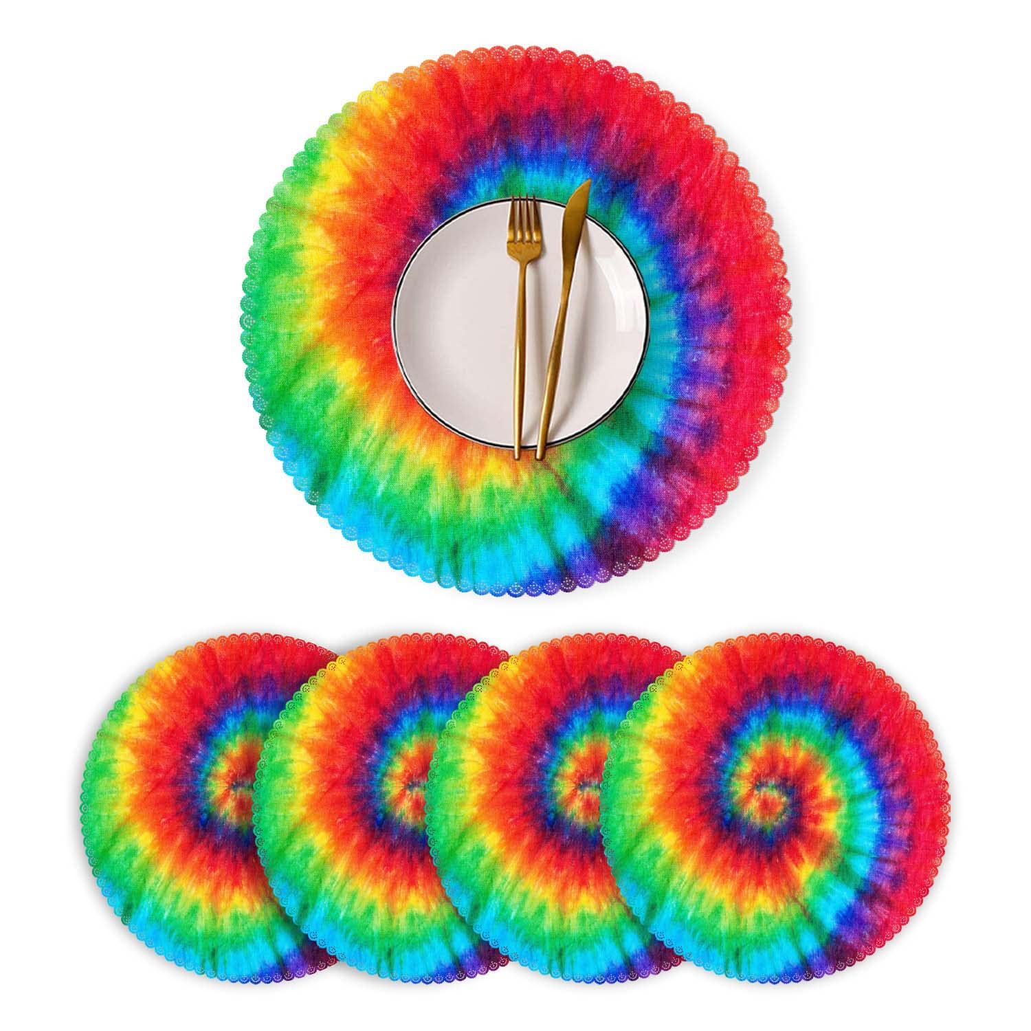 Round Heat-Resistant Washable Polyester Placemats Set of 4 - Stylish Tie-Dye Design for Kitchen & Dining Table Decor - Perfect for Everyday Meals, Dinner Parties, and Holiday Gatherings
