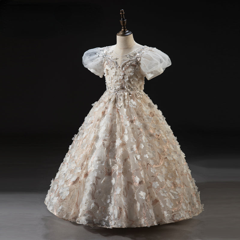 Elegant Champagne Sequin Puff Sleeve Princess Dress for Baby Girls - Toddler Flower Girl Party Dress for Weddings, Birthday & Special Occasions