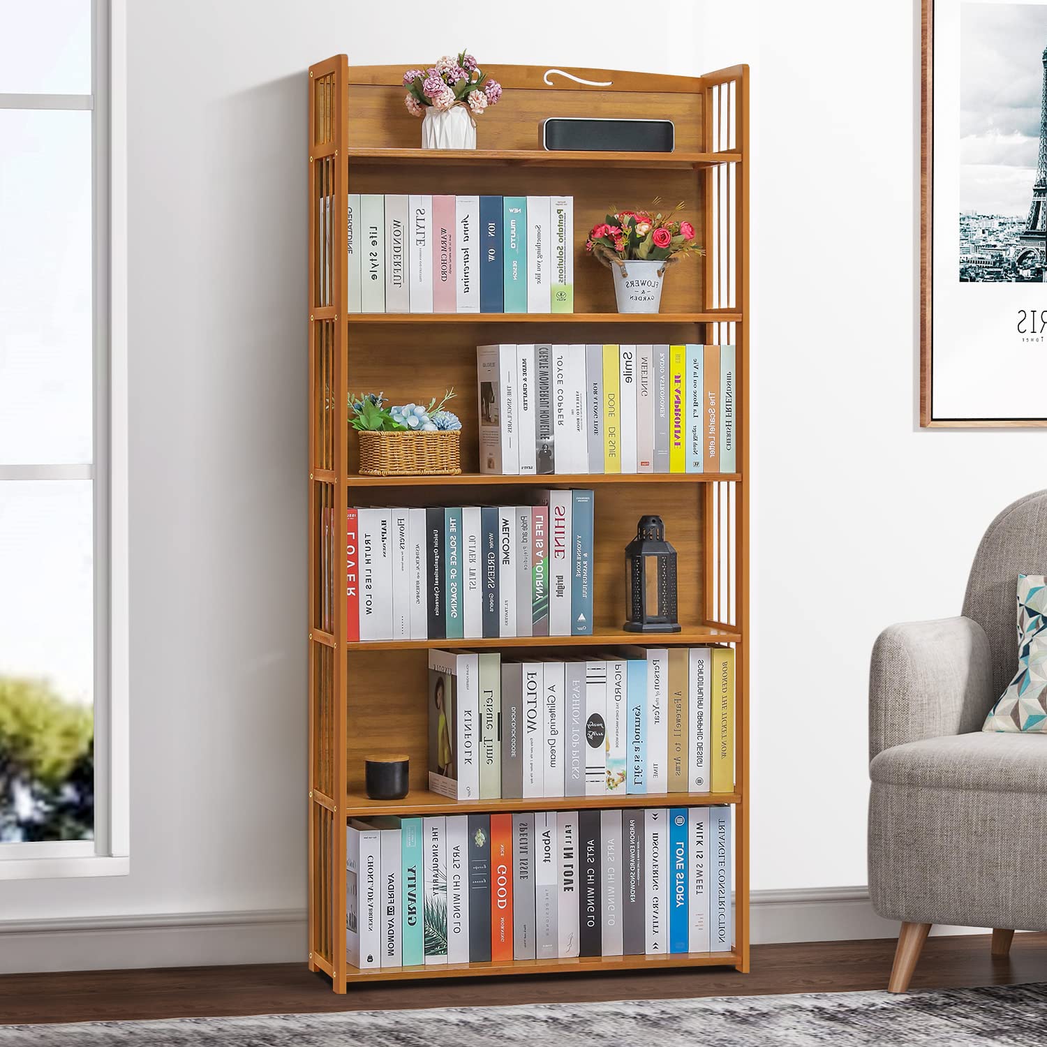 MoNiBloom 6-Tier Adjustable Bamboo Bookshelf - Tall Bookcase Organizer with Free Standing Storage for Living Room, Study, Office & Balcony - Natural Wood Shelf for Books, Plants & Home Decor