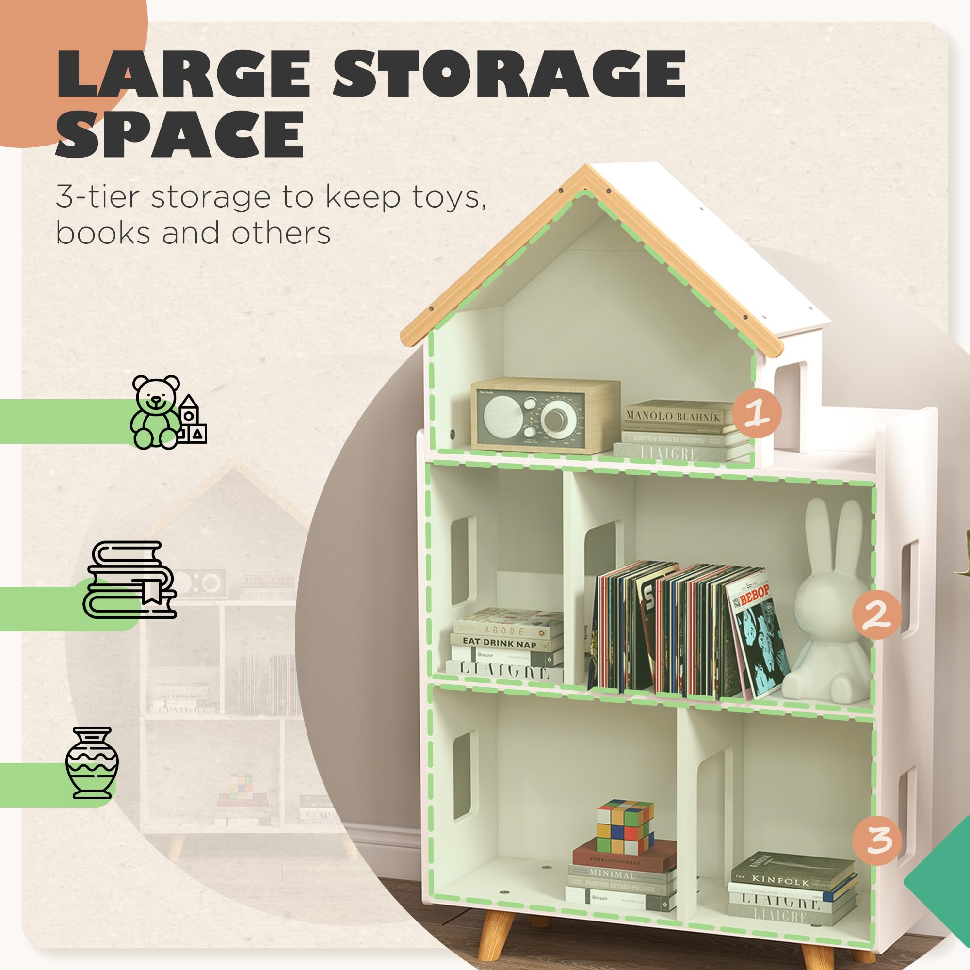 Qaba 3-Tier Kids Toy Storage Organizer & Bookshelf - White | Space-Saving Toy & Book Organizer for Playroom, Bedroom, Nursery | Perfect for Kids Room Organization & Montessori Learning