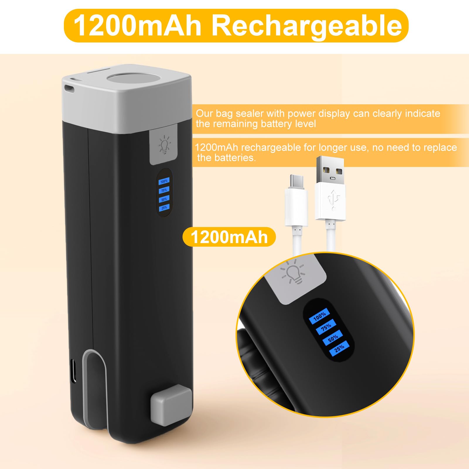 USB C Rechargeable Mini Bag Sealer with Cutter - Portable Heat Sealer for Plastic Bags, Snacks & Food Storage - Compact Chip Resealer for Kitchen, Travel & Camping (Black)