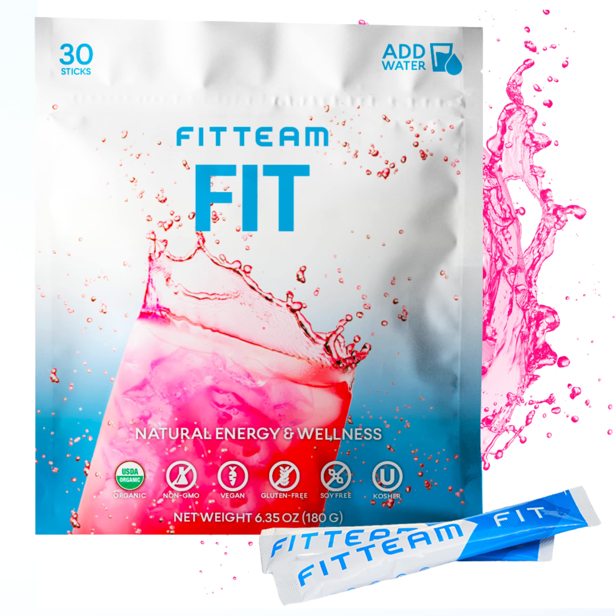 FITTEAM Organic Energy Drink Mix Sticks - Boost Mental Focus, Energy & Metabolism with Antioxidants - Mood Support Wellness Beverage - 30 Individually Wrapped Packets - Perfect for Workouts, Office & Travel Energy Boost