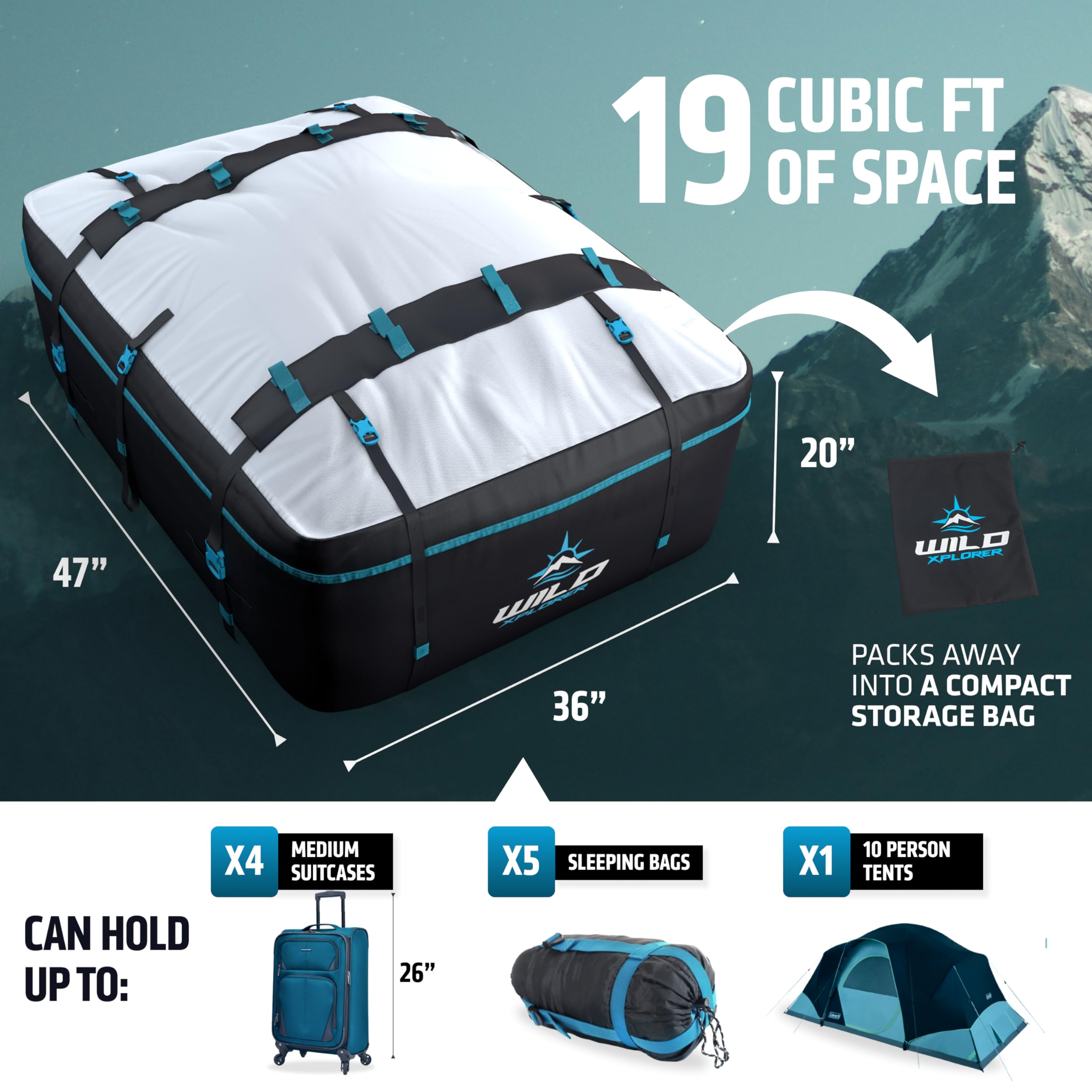 Universal XXL Waterproof Car Rooftop Cargo Carrier Bag - Holds 6 Suitcases, No Roof Rack Needed - SUV Luggage Rack with 6 Hooks & Storage Mat - Perfect for Road Trips, Camping & Family Vacations