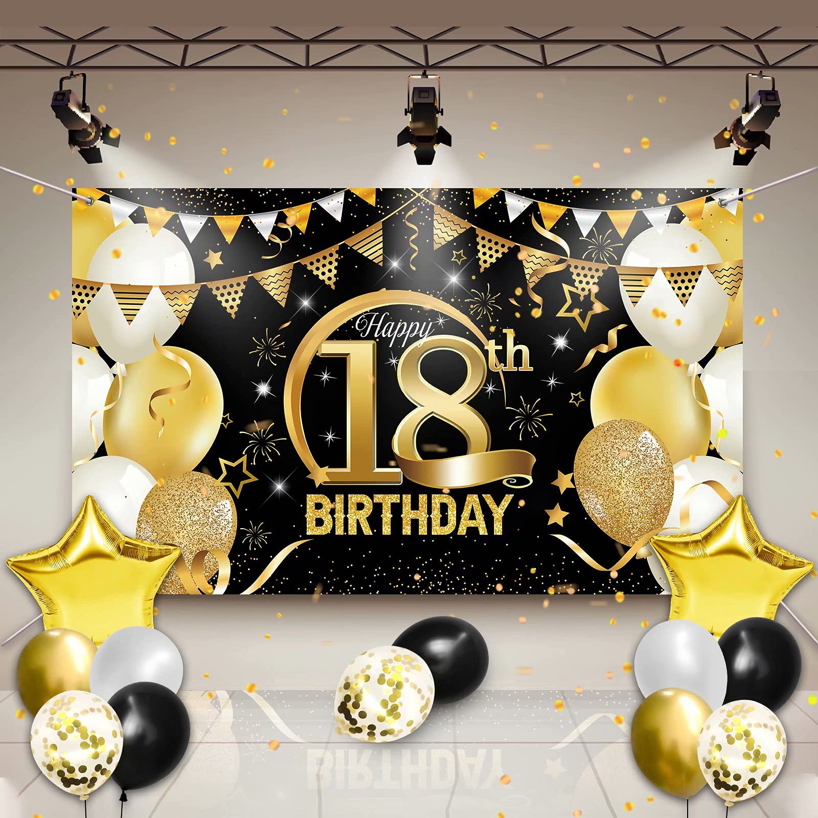 18th Birthday Party Decorations - Black & Gold Balloon Banner Backdrop for Boys & Girls - Outdoor Garden, Table & Wall Decor - Perfect for Birthday Celebrations & Photo Booths