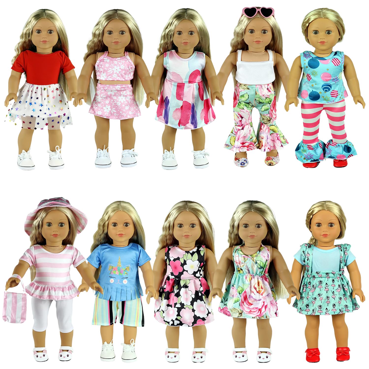 20 pcs 18 Inch Doll Clothes & Accessories for American Girl Dolls - 10 Complete Outfit Sets - Perfect for Dress Up, Role Play & Gift Giving