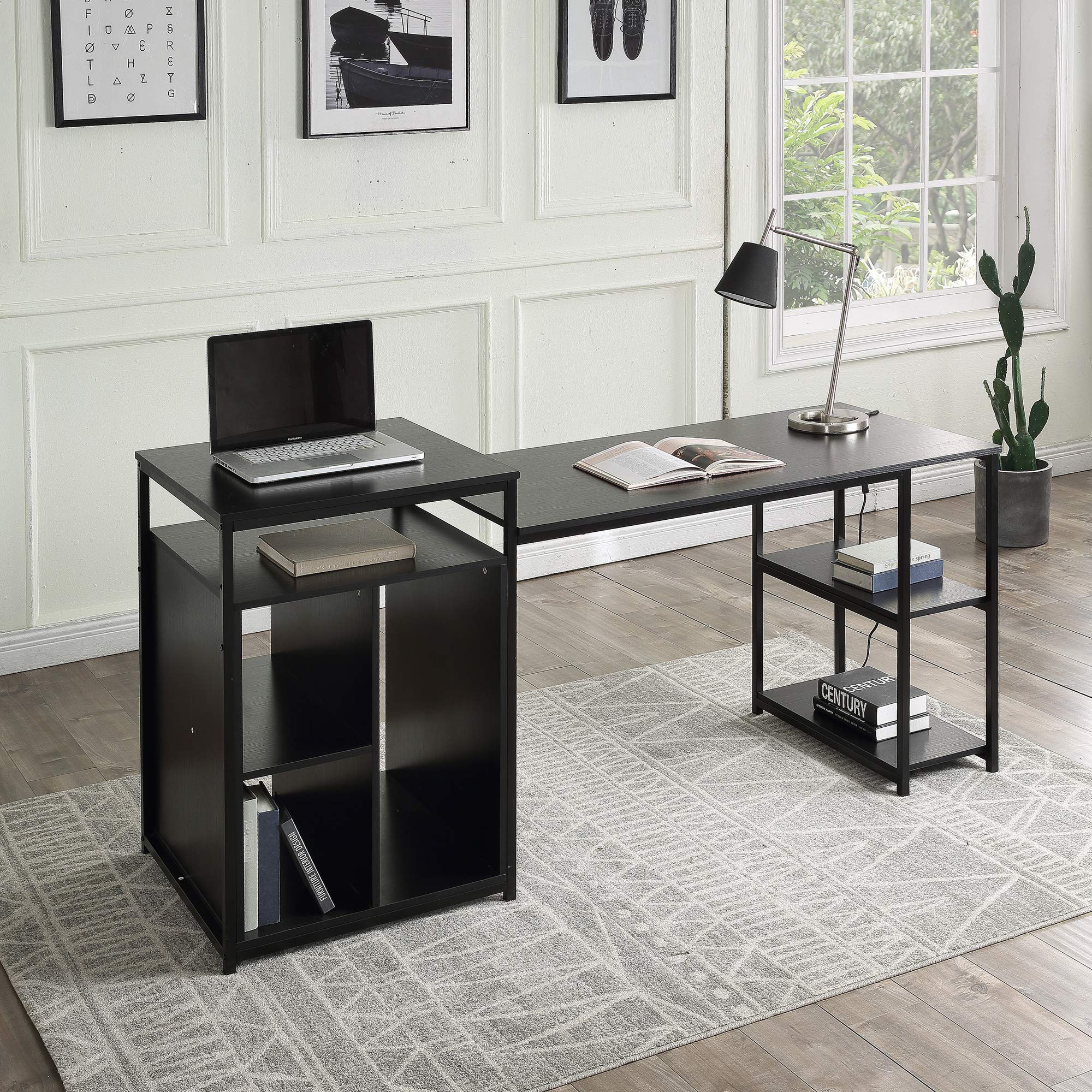 Ergonomic Computer Desk with Storage Shelf, CPU Storage Space & Printer Stand - Space Saving Writing PC Table for Home Office (Black) - Perfect for Small Spaces, Gaming & Workstations