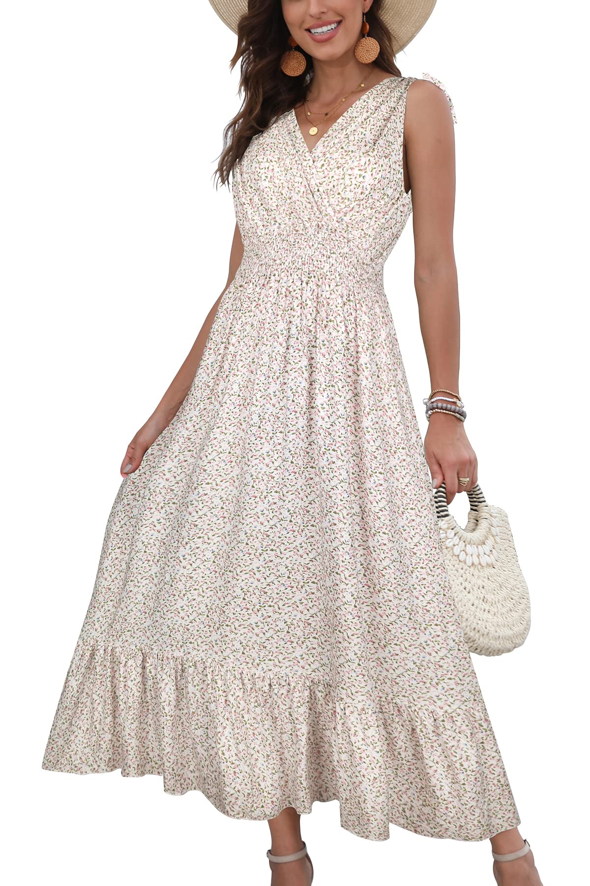 OSTOO Women's Floral Print Maxi Dress - Sleeveless Bohemian Summer Dress with Empire Waist | Perfect for Beach Vacations, Music Festivals & Casual Outings