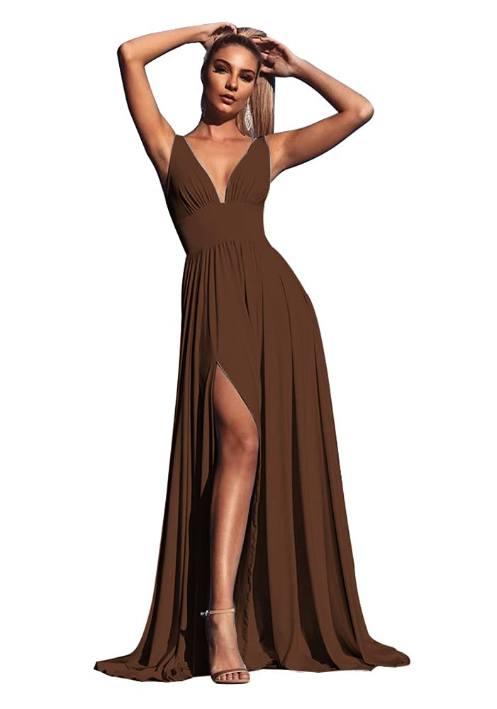 Elegant V-Neck Satin Bridesmaid Dress - A-Line Long Formal Gown for Weddings & Prom (Brown, Size 12) | Perfect for Wedding Parties, Evening Events & Special Occasions