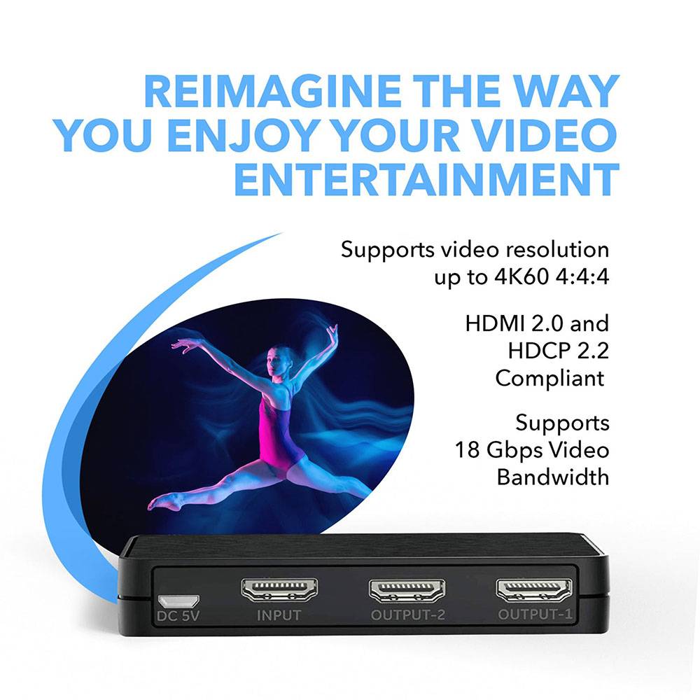 1x2 HDMI Splitter 4K 60Hz - 1 Input 2 Output Ultra HD 4K@60Hz Downscaler with EDID Management (UHD PRO102) - for Home Theater, Gaming & Multi-Monitor Setup