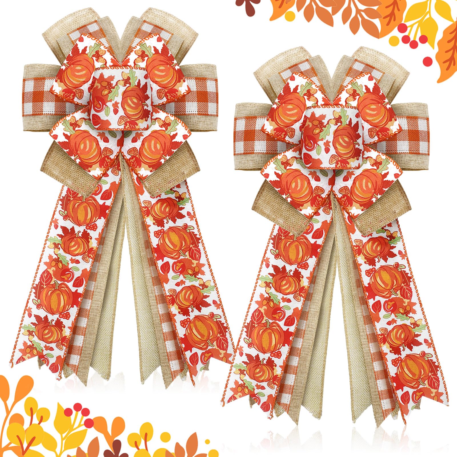 Fall Wreath Bows - Pumpkin Maple Leaves Decor for Thanksgiving & Home