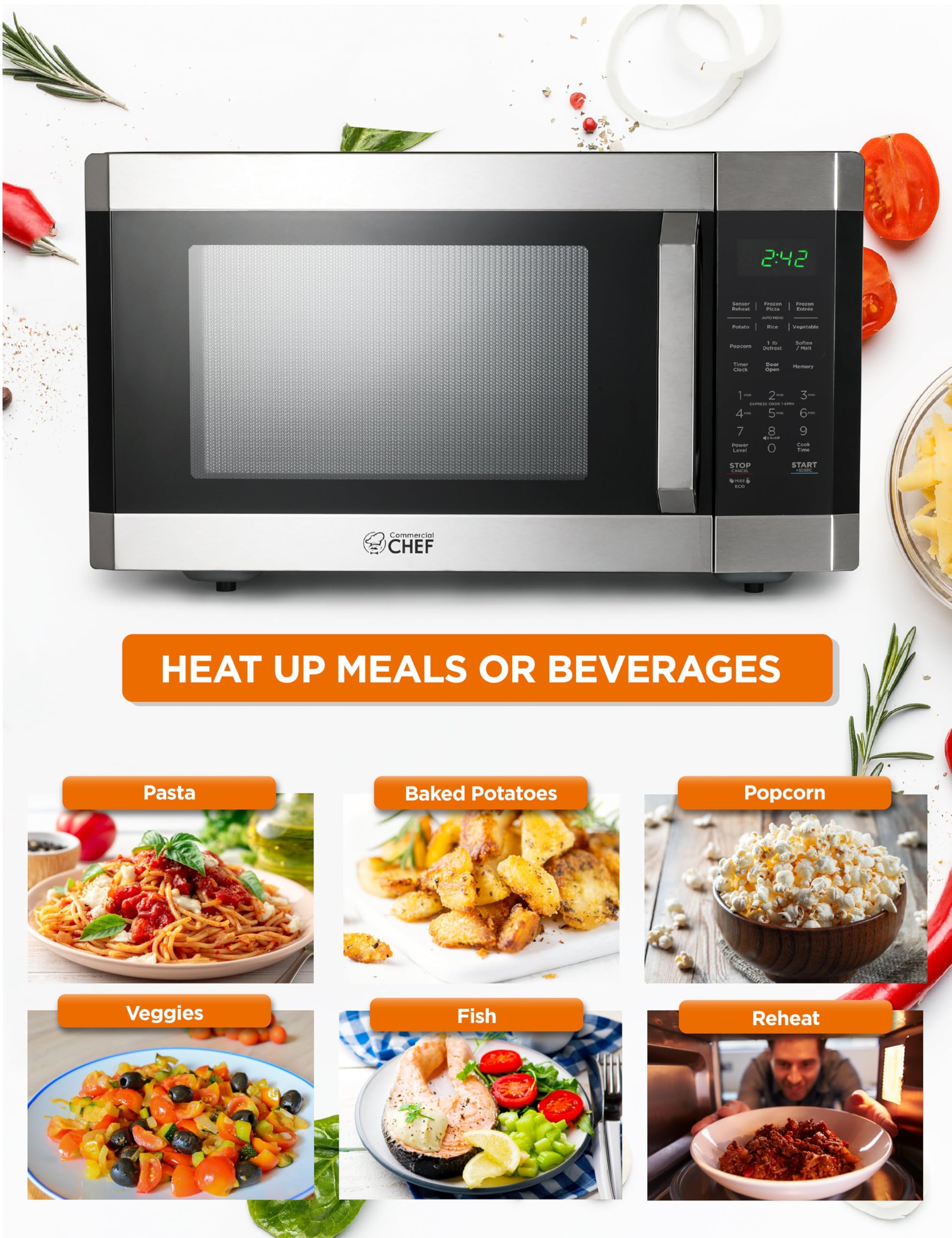 1.6 Cu Ft Commercial Chef Microwave Oven - 1100W, 10 Power Levels, Child Safety Lock, Digital Control Panel, Stainless Steel - Perfect for Small Kitchens, Dorms, Offices & RVs