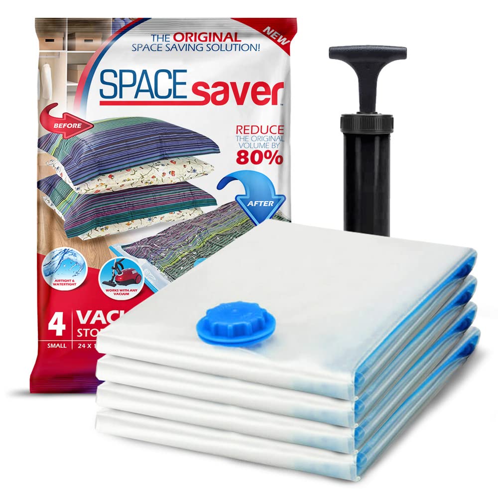 Spacesaver Vacuum Storage Bags (4-Pack Small) - 80% Space Saving Clothes Storage Bags for Comforters, Blankets, Bedding & Clothing | Compact Closet Organization | Travel-Friendly with Hand Pump | Perfect for Seasonal Storage & Moving