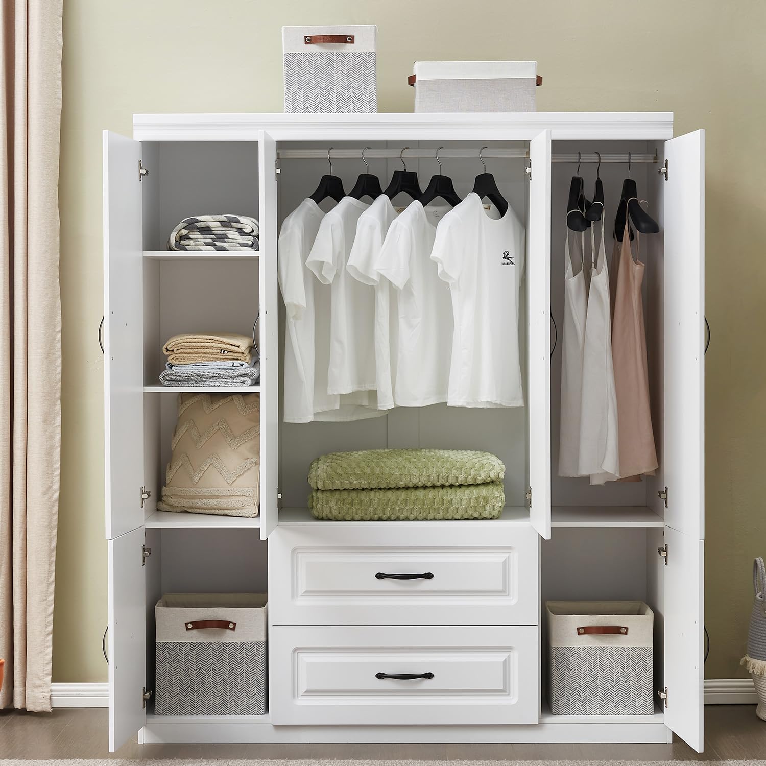 4-Door Armoire Wardrobe Closet with 2 Drawers & Hanging Rail - Tall Bedroom Storage Cabinet with Metal Handles, White - Perfect for Master Bedroom, Guest Room, and Apartment Organization