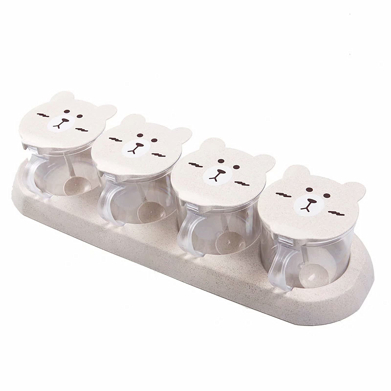 Cute Round Bear Seasoning Box with Flip Cover & Spoon - Spice Container Set, Condiment Jar for Kitchen Storage - Perfect for Baking, Cooking & Seasoning Dishes
