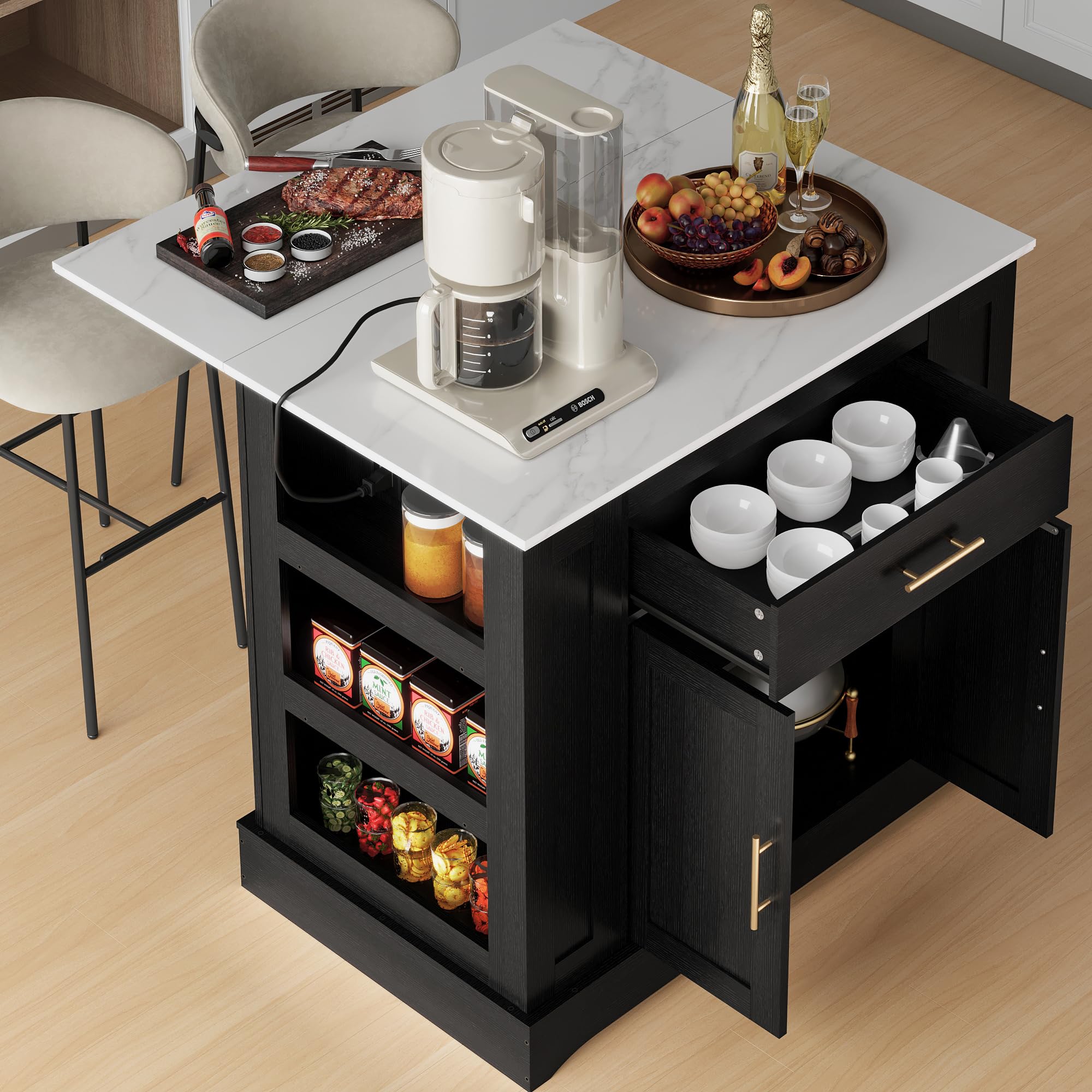 FUSUNBAO Large Kitchen Island with Storage, Power Outlet, Drawer, Adjustable Shelves, Side Compartments, Drop Leaf & Footrest, Black – Perfect for Small Kitchens and Open Floor Plans