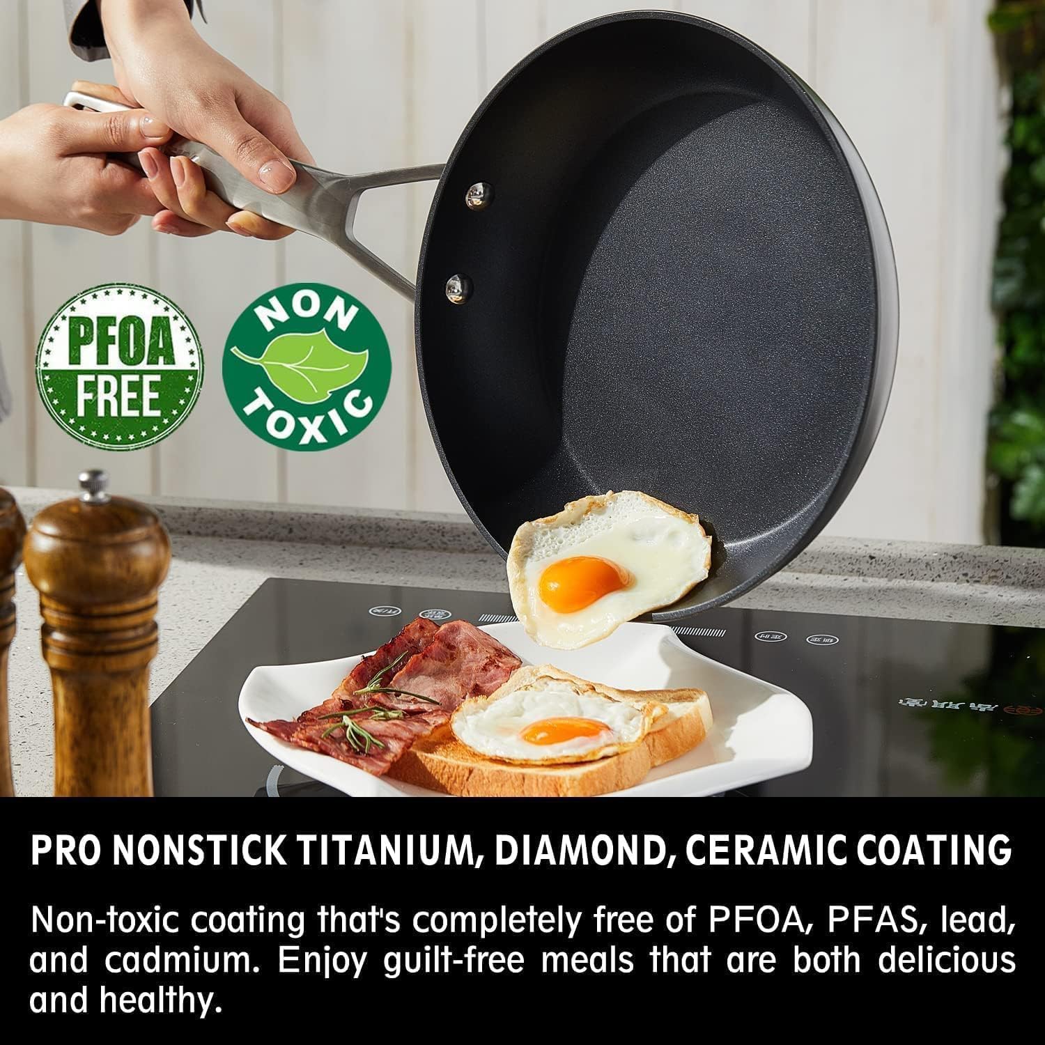 MSMK Non Stick Cookware Set 7-Piece - 8, 10, 12 Inch Frying Pans & 12 Inch Induction Wok with Tempered Glass Lids - Professional Heat Distribution, Stay-Cool Handles, Oven Safe to 700℉ - Compatible with Gas, Electric, Ceramic & Induction Cooktops - Perfect for Sautéing, Stir-Frying & Everyday Cooking