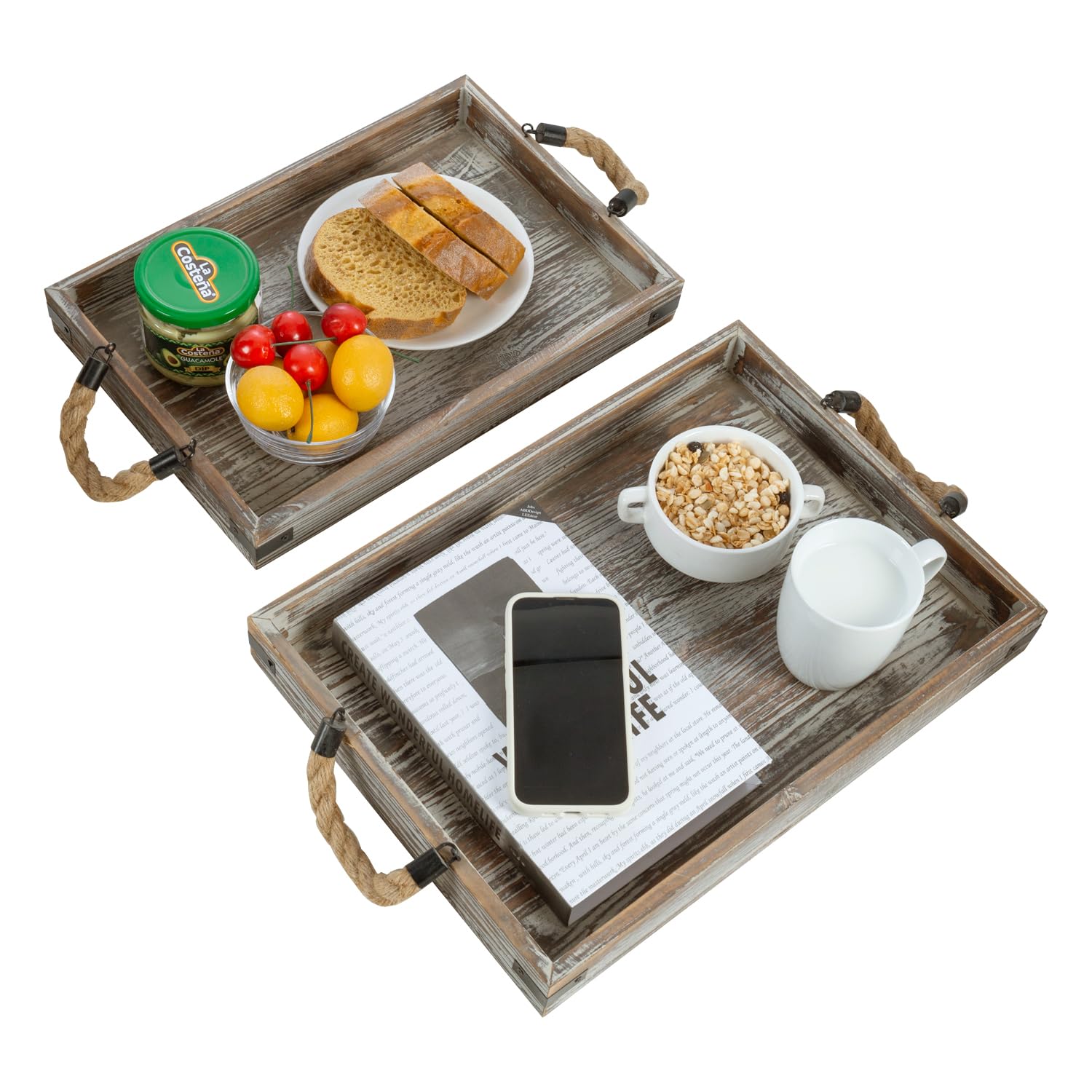 MyGift 2-Piece Rustic Wood & Black Metal Nesting Serving Trays with Rope Handles - Decorative Wooden Tray Set for Breakfast in Bed, Coffee Table, Ottoman Decor - Perfect for Home, Kitchen, and Party Serving