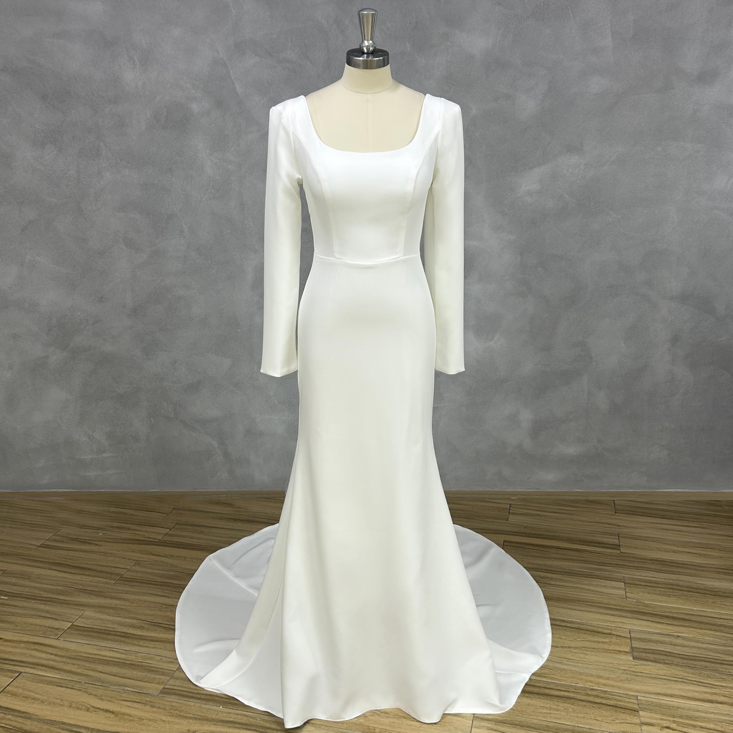 Elegant Long Sleeve Mermaid Wedding Dress - Satin Square Neck Evening Gown with Train for Women | Perfect for Bridal, Formal Parties & Special Occasions