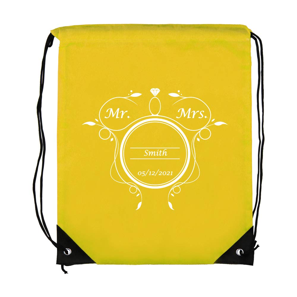 Custom Printed Drawstring Bags with Wedding Leaves Design - 10 Pack Bulk Yellow Promotional Gift Bags for School, Gym, Sports & Events - Perfect for Weddings, Parties, Fundraisers and Corporate Promotions