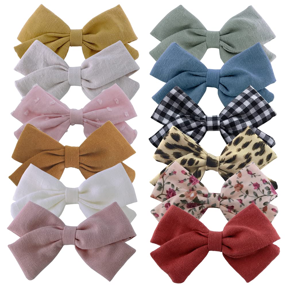 12 PCS Linen Bow Hair Clips for Baby Girls - Alligator Clips Hair Accessories for Infants & Toddlers (3.5'' Classic Bow) - Perfect for Parties, Photos & Daily Hair Styling