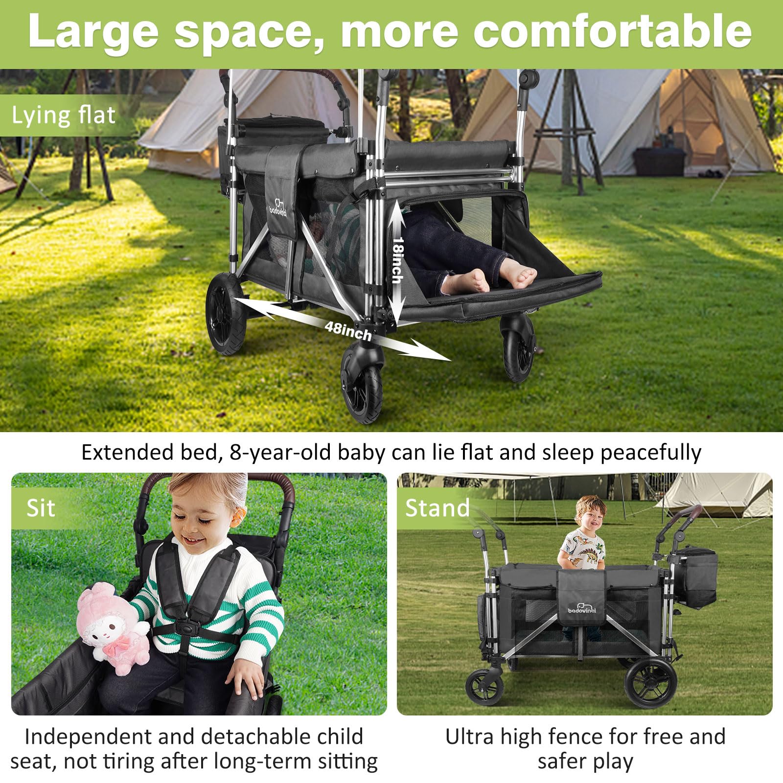 Best Double Stroller Wagon for 2 Kids - 2 High Seats with 5-Point Safety Harnesses & Adjustable Canopy - Foldable Push-Pull Wagon Cart for Outdoor, Camping, Shopping, Beach Trips and Family Adventures