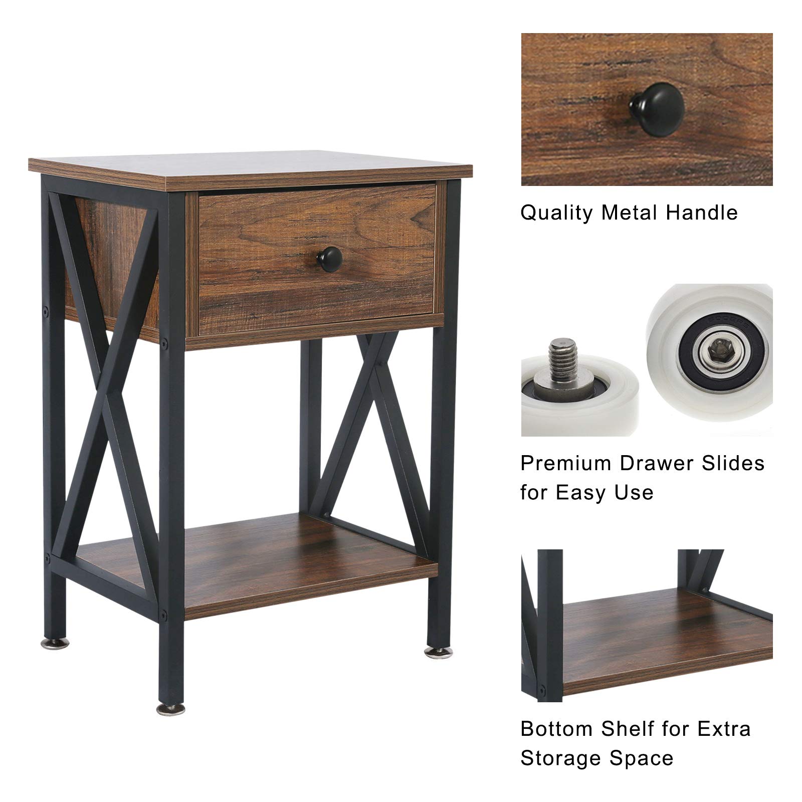 QCen Industrial Side End Table Nightstand with Drawer and Shelf - Rustic Brown Wood X-Design Bedside Storage - Easy Assembly Set of 2 for Bedroom, Living Room, Office & Dorm Decor