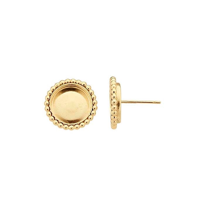 12/20 Yellow Gold Filled 5mm & 10mm Round Cabochon Beaded Post Earring Mountings - Jewelry Making Supplies for DIY Earrings, Perfect for Crafting Unique Handmade Jewelry Gifts