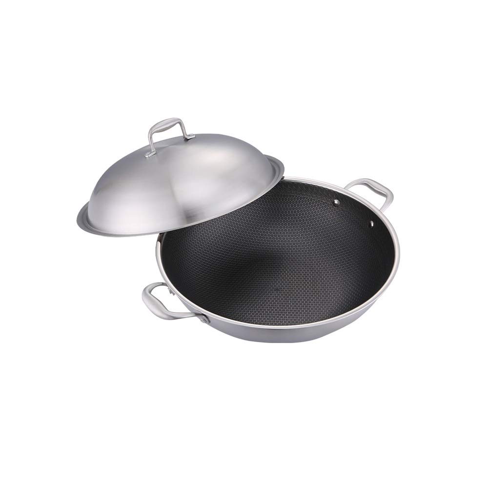 SBSNH Non-Stick Stainless Steel Wok with Double Handles - 14 Inch Floating Beehive Design for Fast Stir Frying - 7-Layer Smokeless Cookware for Healthy Cooking | Perfect for Asian Cuisine, Home Kitchen & Restaurant Use
