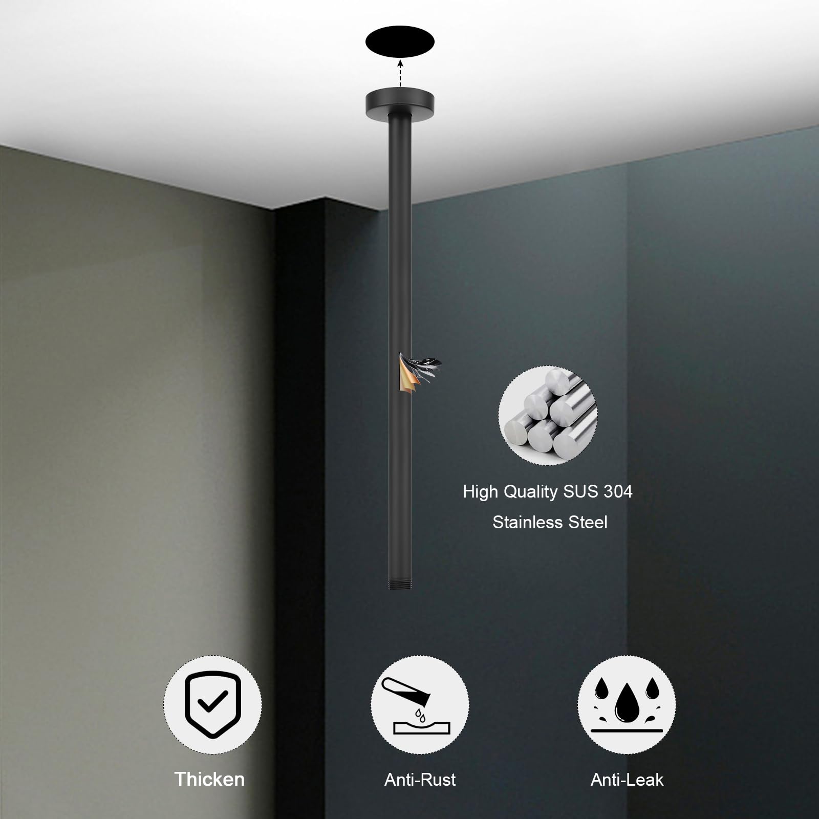 HarJue 16 Inch Matte Black Stainless Steel Ceiling Mount Shower Arm - Rain Shower Extension with Flange & Teflon Tape for Fixed Shower Heads | Bathroom Upgrade for Modern & Spa-Like Showers