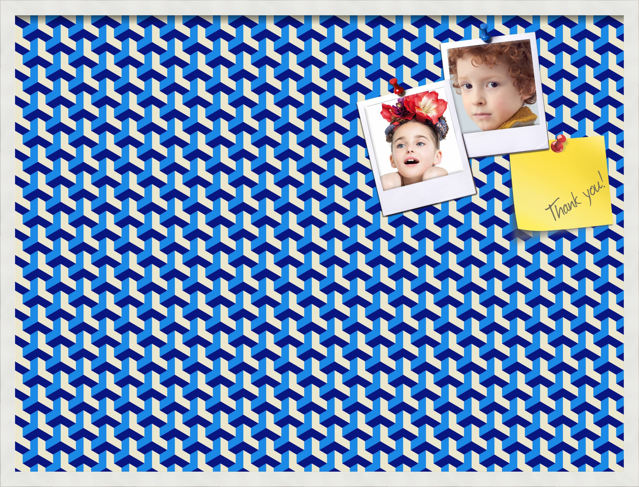 PinPix 40x30 Inch Cork Bulletin Board with BAUS Blue Beige Design & Satin White Frame - Decorative Framed Pin Board for Home Office School Decor - Perfect for Notes, Photos, Reminders & Wall Organization