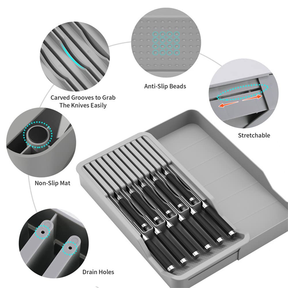 Expandable Knife Organizer for Drawer - Adjustable Knife Block Holder & Secure Storage Tray | Retractable Kitchen Countertop Organizer for Knives, Utensils & Cutlery | Perfect for Home Chefs & Kitchen Organization