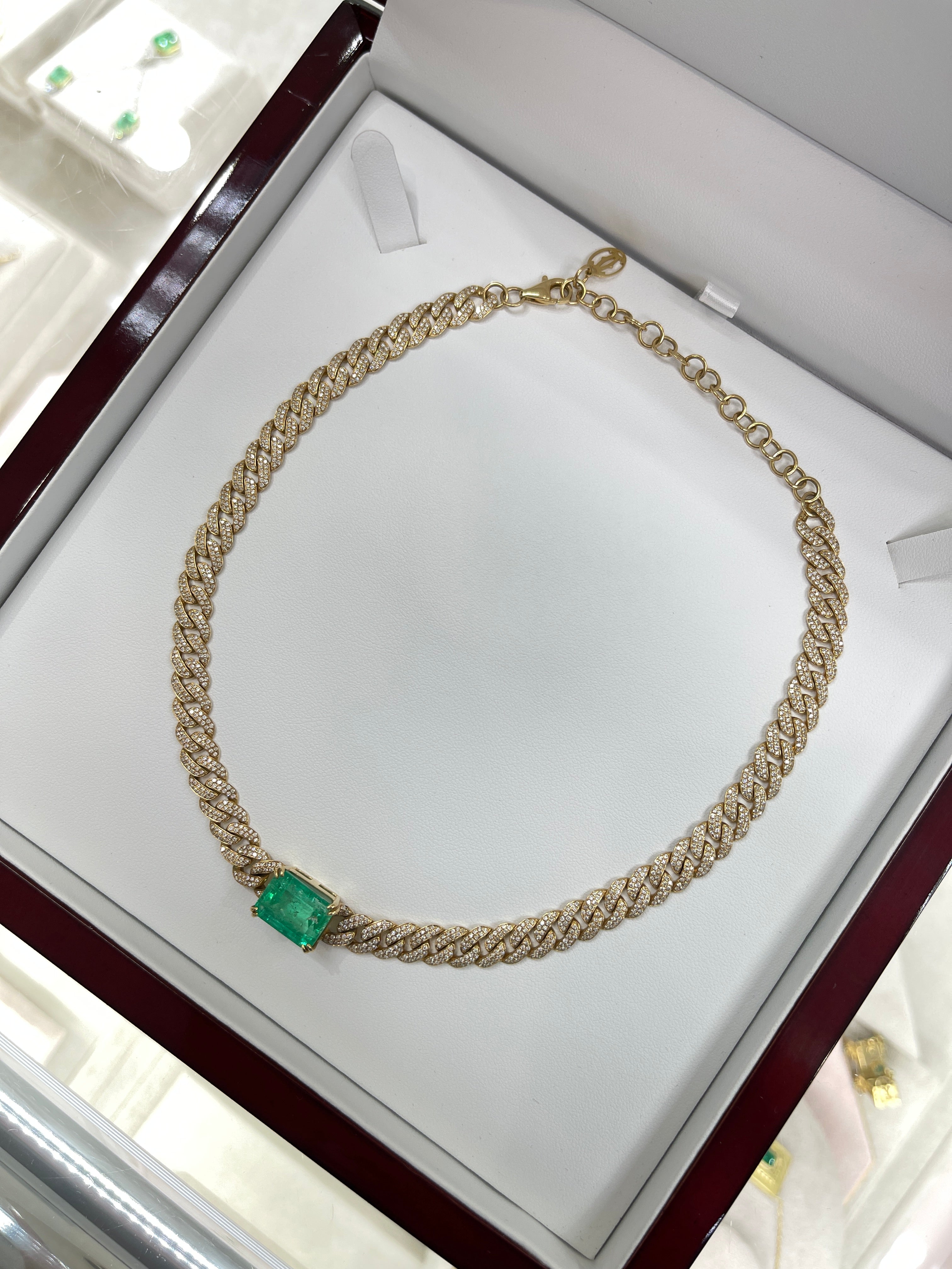 17.46tcw Colombian Emerald & Diamond Iced Out Choker Cuban Link Necklace in 18K Gold - Luxury Hip Hop Jewelry for Women, Perfect for Parties, Weddings & Special Occasions