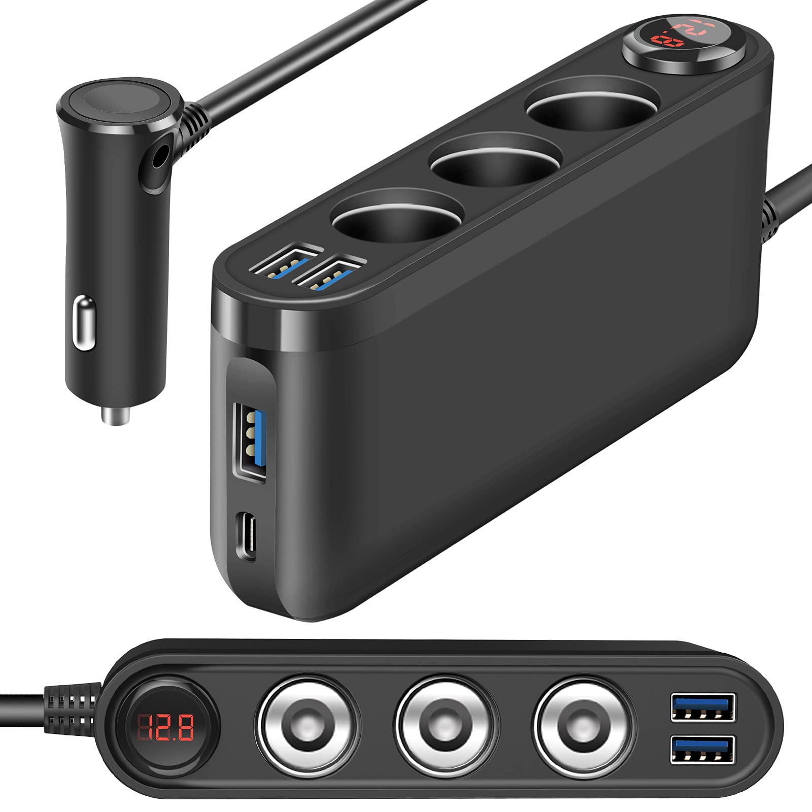 Upgraded ELECTOP Quick Charge 3.0 Car Charger Splitter - 3 USB Ports & 12V/24V 120W/240W DC Outlets with LED Voltmeter & Switch | Fast Charging for Phones, Tablets, GPS & More | Perfect for Road Trips, Camping & Fleet Vehicles