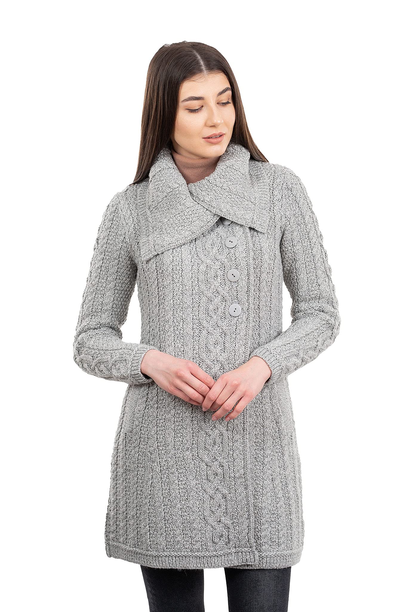 SAOL Women's Irish Cardigan Sweater - Soft Merino Wool Blend with Side Pockets & Oversized Shawl Collar | Cozy Fall & Winter Layering for Office, Dates & Casual Outings